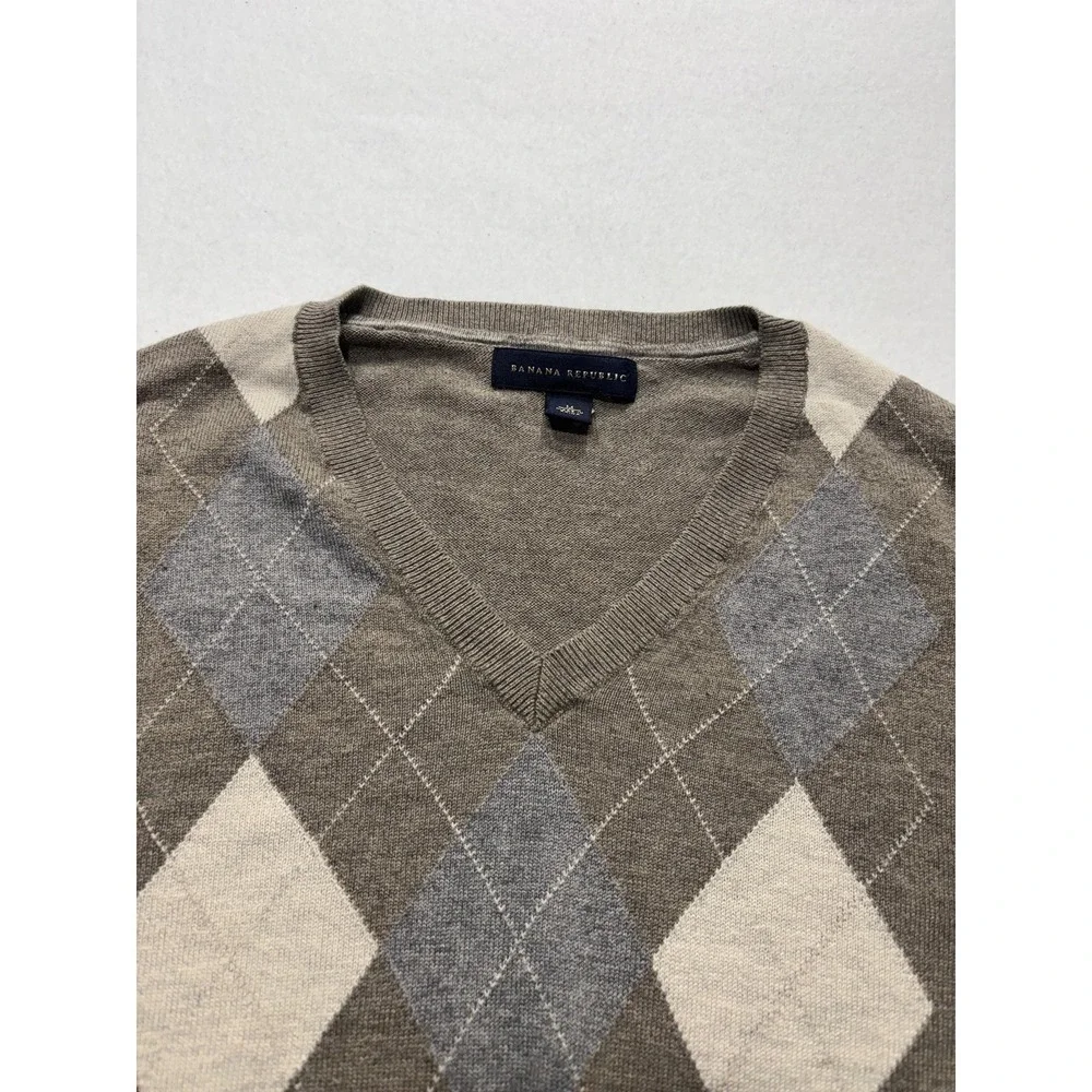 Banana Republic Sweater Mens Medium Brown Argyle V Neck Silk Blend Knit Pullover
